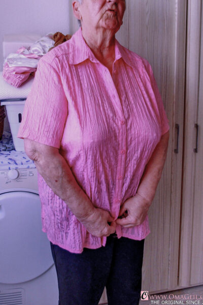 Chubby granny Lavinia strips completely naked and shows her saggy tits